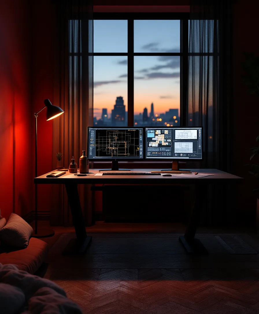 A one-desk drafting studio with a CAD workstation, rolled drawings and a scale ruler under warm lamplight