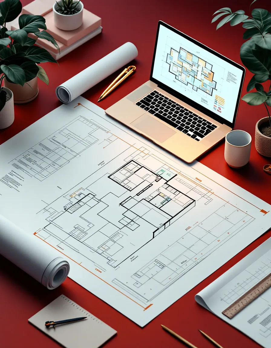 An isometric drafting desk with rolled construction drawings, a compass and a CAD floor plan on screen